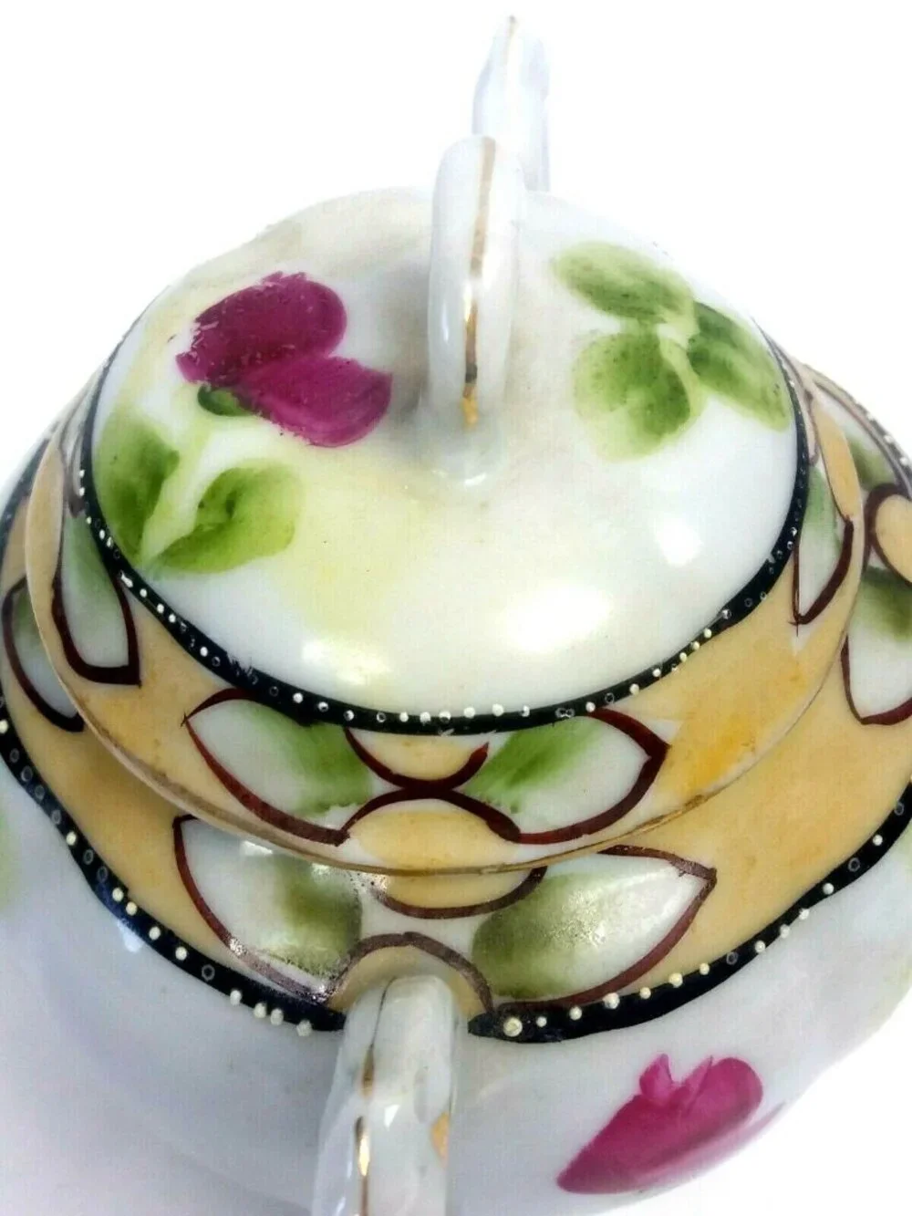 Japan Moriage Sugar Bowl lid Porcelain Double Handle Floral READ Flaw